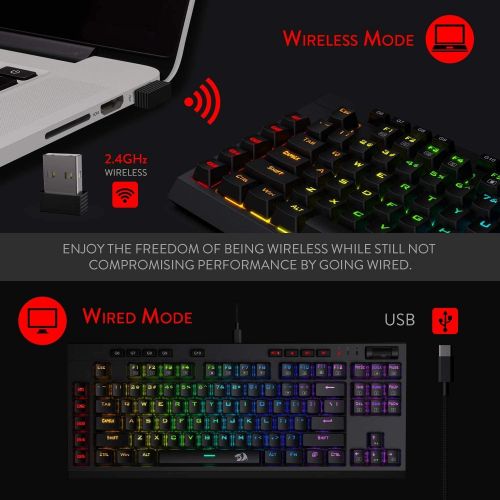  Redragon K596 Vishnu 2.4G Wireless/Wired RGB Mechanical Gaming Keyboard, 87 Keys TKL Compact Keyboard w/Durable Battery, 10 Onboard Macro Keys & Wrist Rest, 10H Play Time, Red Swit