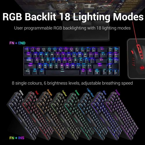  Redragon Wireless Mechanical Gaming Keyboard 60% Compact 70 Key Tenkeyless RGB Backlit Computer Keyboard with Red Switches for Windows PC Gamers