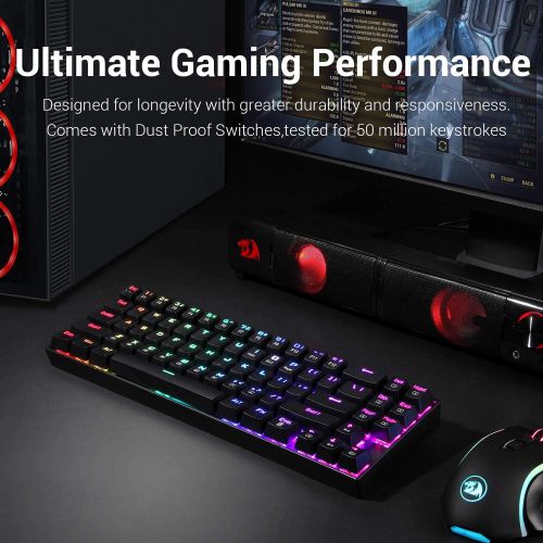  Redragon Wireless Mechanical Gaming Keyboard 60% Compact 70 Key Tenkeyless RGB Backlit Computer Keyboard with Red Switches for Windows PC Gamers