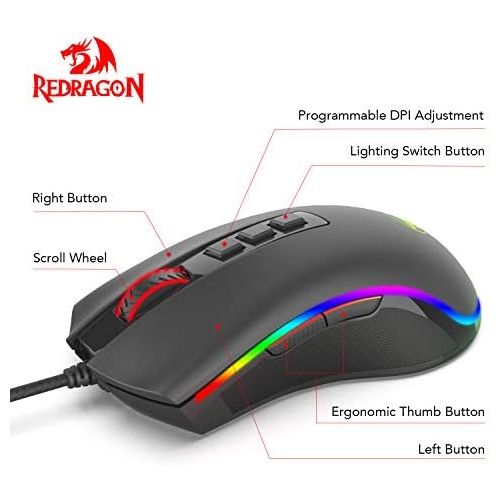  Redragon M711 Cobra Gaming Mouse with 16.8 Million RGB Color Backlit, 10,000 DPI Adjustable, Comfortable Grip, 7 Programmable Buttons