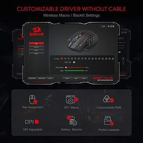  Redragon M913 Impact Elite Wireless Gaming Mouse, 16000 DPI Wired/Wireless RGB Gamer Mouse with 16 Programmable Buttons, 45 Hr Battery and Pro Optical Sensor, 12 Side Buttons MMO M