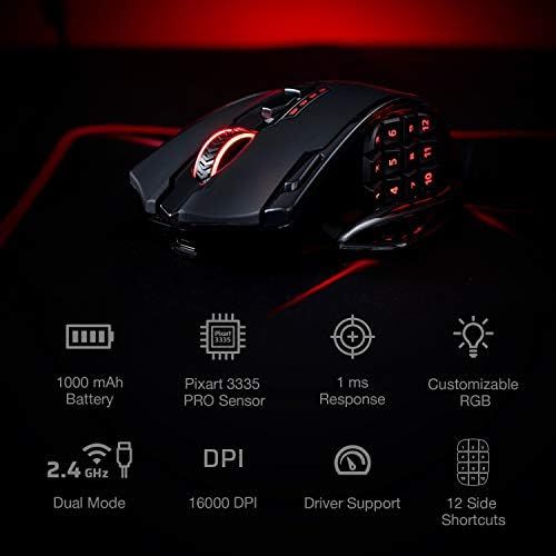  Redragon M913 Impact Elite Wireless Gaming Mouse, 16000 DPI Wired/Wireless RGB Gamer Mouse with 16 Programmable Buttons, 45 Hr Battery and Pro Optical Sensor, 12 Side Buttons MMO M