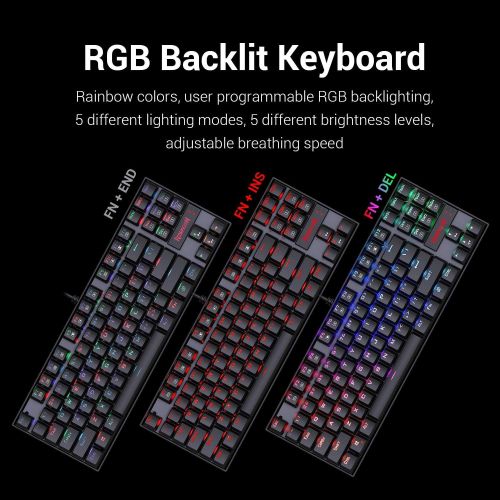  Redragon K552 Mechanical Gaming Keyboard 60% Compact 87 Key Kumara Wired Cherry MX Blue Switches Equivalent for Windows PC Gamers (RGB Backlit Black)