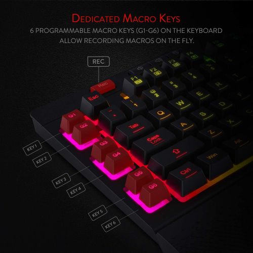  Redragon K512 Shiva RGB Backlit Membrane Gaming Keyboard with Multimedia Keys, Linear Mechanical-Feel Switch, 6 Extra On-Board Macro Keys, Dedicated Media Control, Detachable Wrist