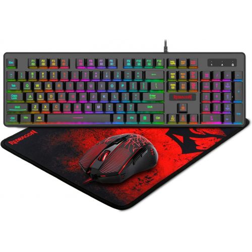  Redragon S107 Gaming Keyboard and Mouse Combo Large Mouse Pad Mechanical Feel RGB Backlit 3200 DPI Mouse for Windows PC (Keyboard Mouse Mousepad Set)