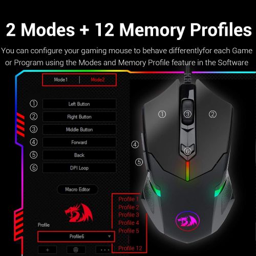  Redragon M601 RGB Gaming Mouse Backlit Wired Ergonomic 7 Button Programmable Mouse Centrophorus with Macro Recording & Weight Tuning Set 7200 DPI for Windows PC (Black)