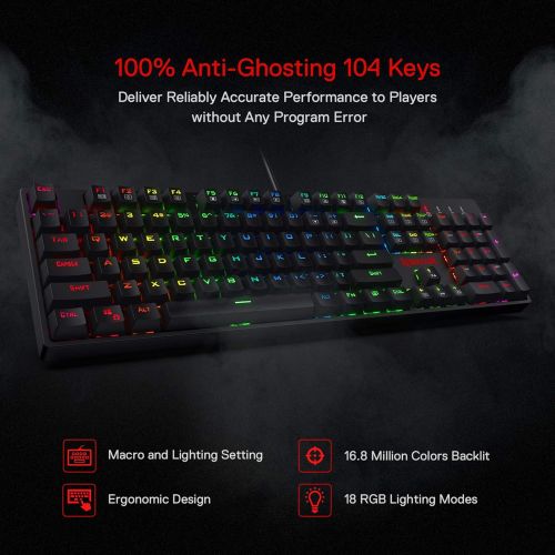  Redragon K582 SURARA RGB LED Backlit Mechanical Gaming Keyboard with 104 Keys-Linear and Quiet-Red Switches