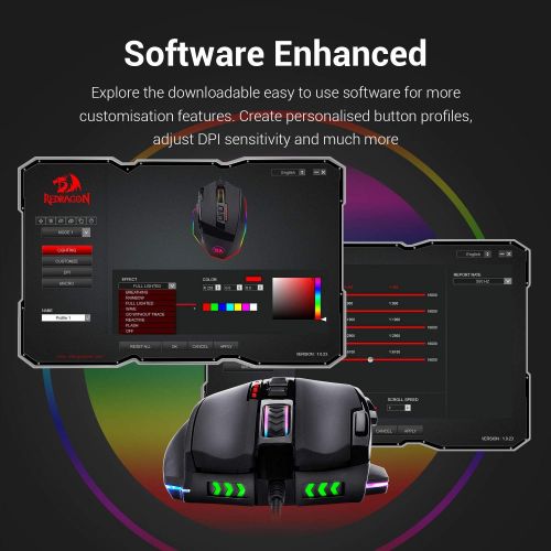  Redragon M801 Gaming Mouse RGB MMO 9 Programmable Buttons Mouse with Macro Recording Rapid Fire Button 16000 DPI for Windows PC (Wired, Black)