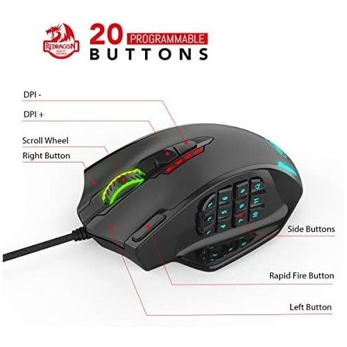  Redragon M908 Impact RGB LED MMO Mouse with Side Buttons Optical Wired Gaming Mouse with 12,400DPI, High Precision, 20 Programmable Mouse Buttons