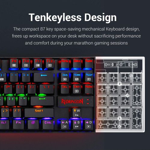  Redragon K552 Mechanical Gaming Keyboard RGB LED Rainbow Backlit Wired Keyboard with Red Switches for Windows Gaming PC (87 Keys, Black)