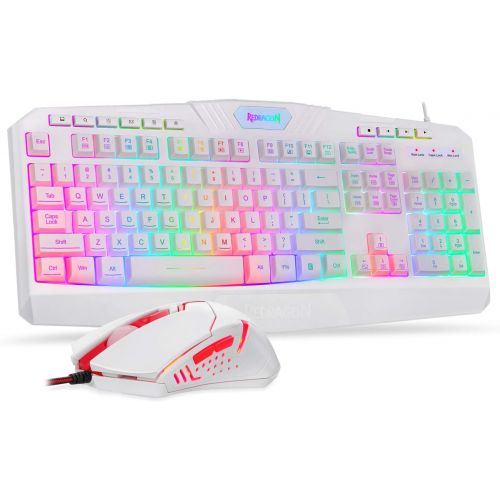  [아마존베스트]Redragon S101 Wired Gaming Keyboard and Mouse Combo RGB Backlit Gaming Keyboard with Multimedia Keys Wrist Rest and Red Backlit Gaming Mouse 3200 DPI for Windows PC Gamers (White)