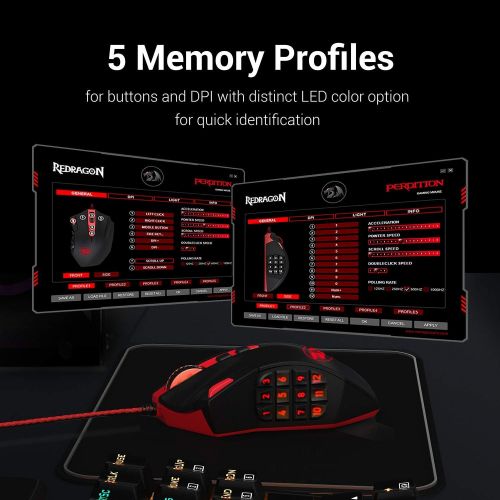  [아마존베스트]Redragon M901 PERDITION 16400 DPI High-Precision Programmable Laser Gaming Mouse for PC, MMO, 18 Programmable Buttons, Weight Tuning Cartridge, 12 Side Buttons, 5 programmable user