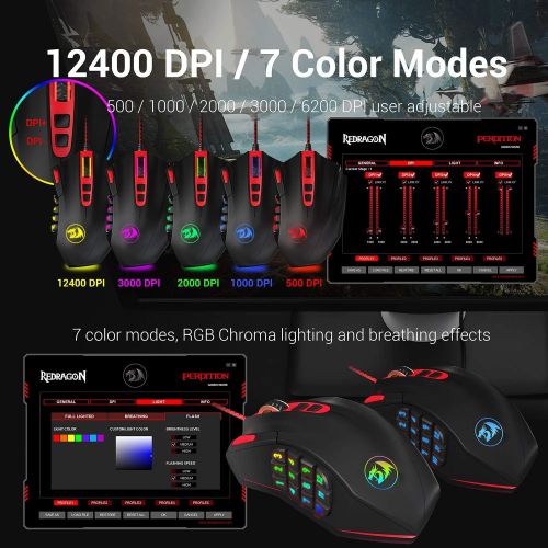  [아마존베스트]Redragon M901 PERDITION 16400 DPI High-Precision Programmable Laser Gaming Mouse for PC, MMO, 18 Programmable Buttons, Weight Tuning Cartridge, 12 Side Buttons, 5 programmable user