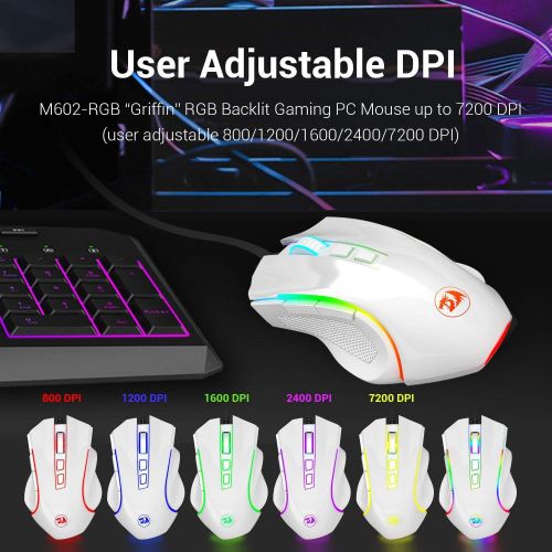  [아마존베스트]Redragon M602 RGB Wired Gaming Mouse RGB Spectrum Backlit Ergonomic Mouse Griffin Programmable with 7 Backlight Modes up to 7200 DPI for Windows PC Gamers (White)
