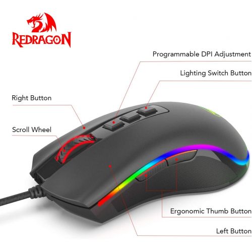 [아마존베스트]Redragon M711 Cobra Gaming Mouse with 16.8 Million RGB Color Backlit, 10,000 DPI Adjustable, Comfortable Grip, 7 Programmable Buttons
