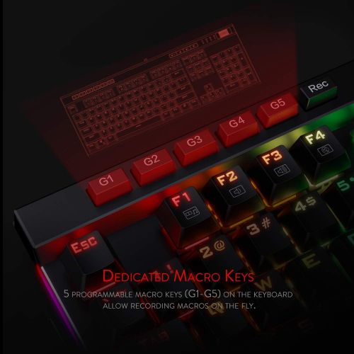  Redragon K580 VATA RGB LED Backlit Mechanical Gaming Keyboard 104 Keys Anti-ghosting with Macro Keys & Dedicated Media Controls, Onboard Macro Recording (Blue Switches)