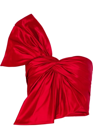 Reem Acra One-shoulder bow-embellished silk-satin bustier top