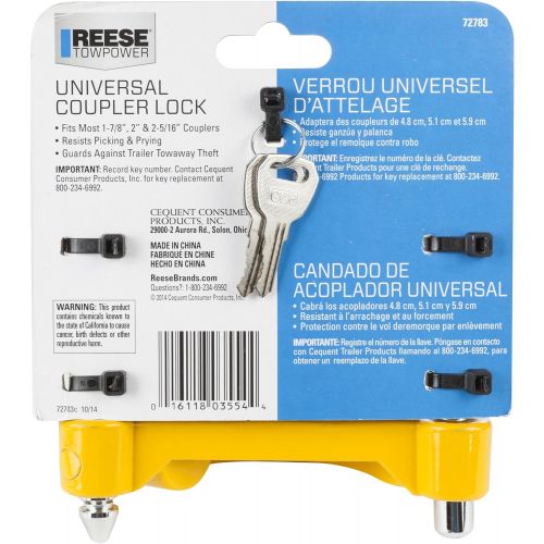  REESE Towpower 72783 Universal Coupler Lock, Adjustable Storage Security, Heavy-Duty Steel, Yellow and Chrome