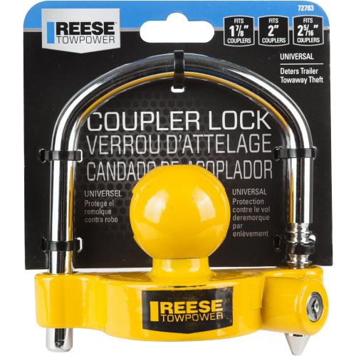  REESE Towpower 72783 Universal Coupler Lock, Adjustable Storage Security, Heavy-Duty Steel, Yellow and Chrome