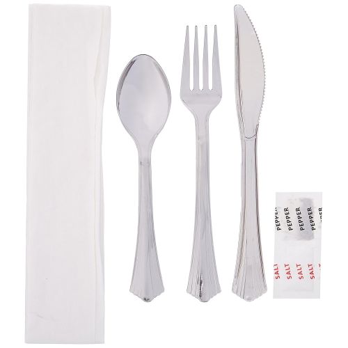  Reflections Plastic Fork, Knife, Spoon, Salt, Pepper, Paper Napkin Kit, Silver (100-Count)