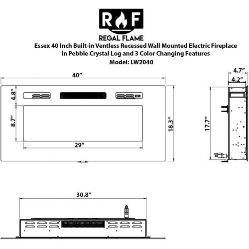  Regal Flame Essex 40 Built-in Ventless Recessed Wall Mounted Electric Space Heater Fireplace in Pebble, Crystal, Log with 3 Color Option