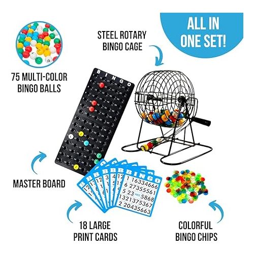  Regal Bingo Deluxe Bingo Game Set for Adults and Kids - Includes 6 Inch Bingo Wheel Cage, 75 Balls, Master Board, 18 Cards and Colorful Chips - Fun Family Bingo Night