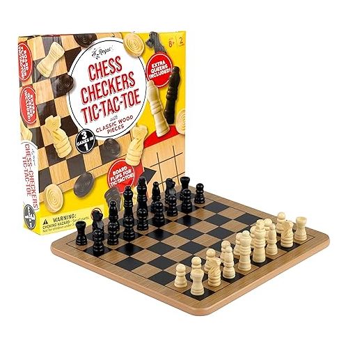  Regal Games - Reversible Wooden Board for Chess, Checkers & Tic-Tac-Toe - 24 Interlocking Wooden Checkers and 32 Standard Chess Pieces - for Age 8 to Adult for Family Fun