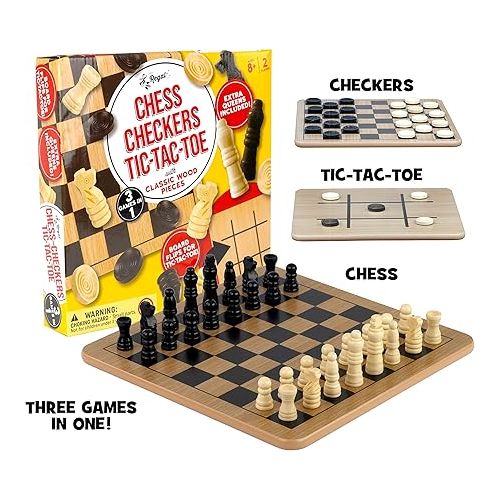  Regal Games - Reversible Wooden Board for Chess, Checkers & Tic-Tac-Toe - 24 Interlocking Wooden Checkers and 32 Standard Chess Pieces - for Age 8 to Adult for Family Fun