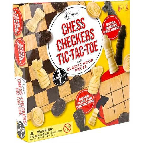  Regal Games - Reversible Wooden Board for Chess, Checkers & Tic-Tac-Toe - 24 Interlocking Wooden Checkers and 32 Standard Chess Pieces - for Age 8 to Adult for Family Fun