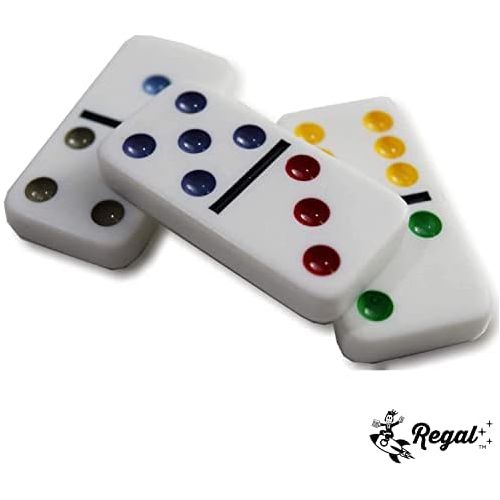  [아마존베스트]Regal Games Double 12 Colored Dot Dominoes Mexican Train Game Set with Wooden Hub, 91 Domino Tiles, 4 Metal Trains, and Collectors Tin