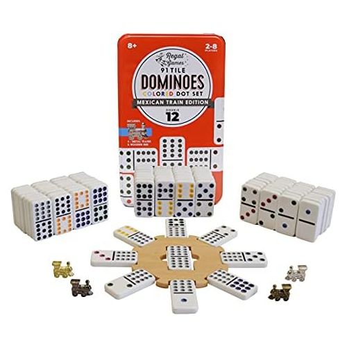  [아마존베스트]Regal Games Double 12 Colored Dot Dominoes Mexican Train Game Set with Wooden Hub, 91 Domino Tiles, 4 Metal Trains, and Collectors Tin