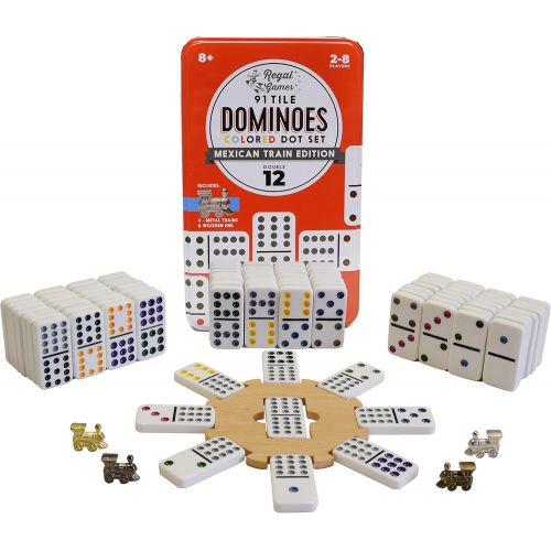  [아마존베스트]Regal Games Double 12 Colored Dot Dominoes Mexican Train Game Set with Wooden Hub, 91 Domino Tiles, 4 Metal Trains, and Collectors Tin