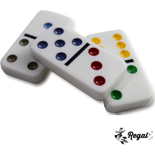  [아마존베스트]Regal Games Double 15 Colored Dot Dominoes Mexican Train Game Set with Wooden Hub, 136 Domino Tiles, 8 Metal Trains, and Collectors Tin