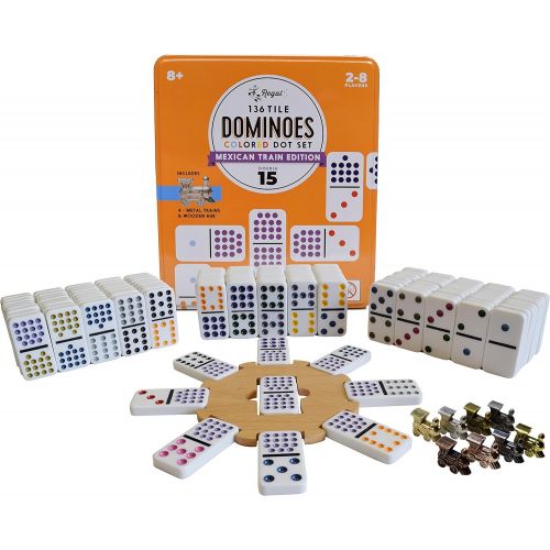  [아마존베스트]Regal Games Double 15 Colored Dot Dominoes Mexican Train Game Set with Wooden Hub, 136 Domino Tiles, 8 Metal Trains, and Collectors Tin