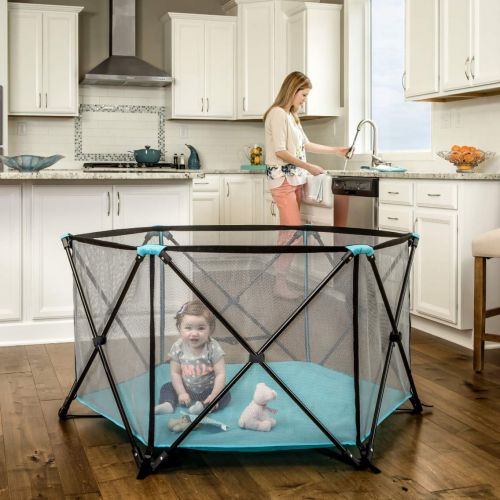  Regalo 6 Panel Foldable and Portable Play Yard with Carrying Case and Full Coverage Canopy, Aqua