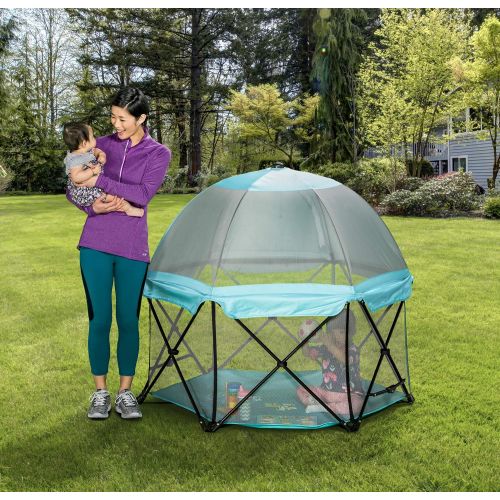  Regalo 6 Panel Foldable and Portable Play Yard with Carrying Case and Full Coverage Canopy, Aqua