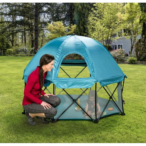  Regalo 8 Panel Foldable and Portable Play Yard with Carrying Case and Full Coverage Canopy, Teal
