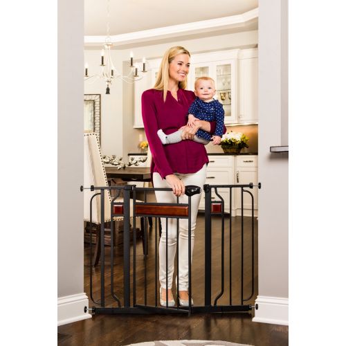  Regalo Home Accents Extra Wide Walk Thru Baby Gate, Includes Decor Hardwood, 4-Inch Extension Kit, 4-Inch Extension Kit, 4 Pack of Pressure Mount Kit and 4 Pack of Wall Cups and Mo