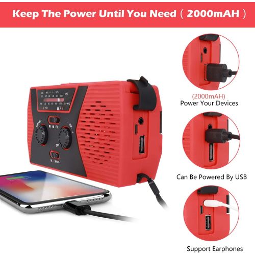  [아마존베스트][2019 Upgraded Version] RegeMoudal Emergency Solar Hand Crank Radio, NOAA Weather Radio for Emergency with AM/FM, LED Flashlight, Reading Lamp, 2000mAh Power Bank and SOS Alarm