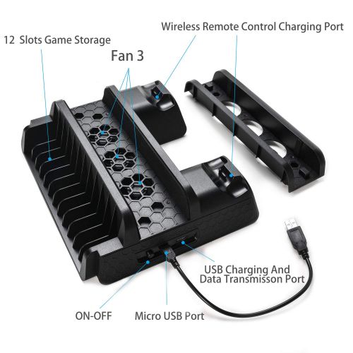  [아마존 핫딜]  [아마존핫딜]RegeMoudal PS4 / PS4 Slim vertikaler Stander mit eingebautem Luefter, Playstation Ladestation Standfuss mit Dual Controller Ladestation, Multifunktionaler vertikaler Kuehlungs-Standpl