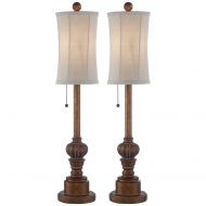Regency Hill Traditional Buffet Table Lamps Set of 2 Warm Brown Wood Tone Tall Fabric Drum Shade for Dining Room