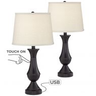 Regency Hill Traditional Table Lamps Set of 2 with USB Charging Port LED Bronze Oatmeal Shade Touch On Off for Living Room Bedroom