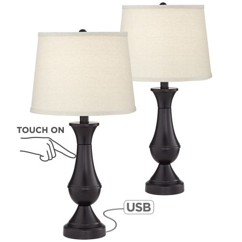  Regency Hill Traditional Table Lamps Set of 2 with USB Charging Port LED Bronze Oatmeal Shade Touch On Off for Living Room Bedroom