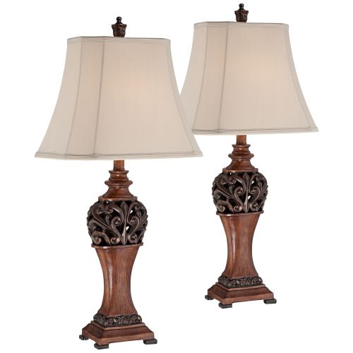  Regency Hill Traditional Table Lamps Set of 2 Bronze Wood Carved Leaf Creme Rectangular Bell Shade for Living Room Family Bedroom