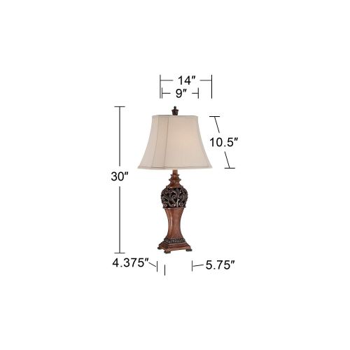  Regency Hill Traditional Table Lamps Set of 2 Bronze Wood Carved Leaf Creme Rectangular Bell Shade for Living Room Family Bedroom