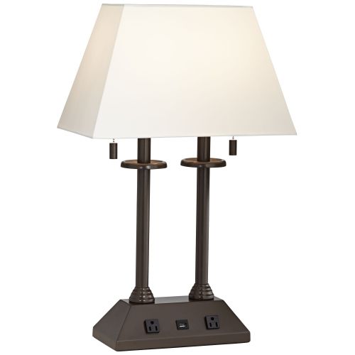  Regency Hill Traditional Desk Table Lamp with USB and AC Power Outlet in Base Bronze Rectangular Fabric Shade for Bedroom Office