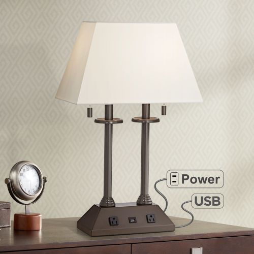  Regency Hill Traditional Desk Table Lamp with USB and AC Power Outlet in Base Bronze Rectangular Fabric Shade for Bedroom Office