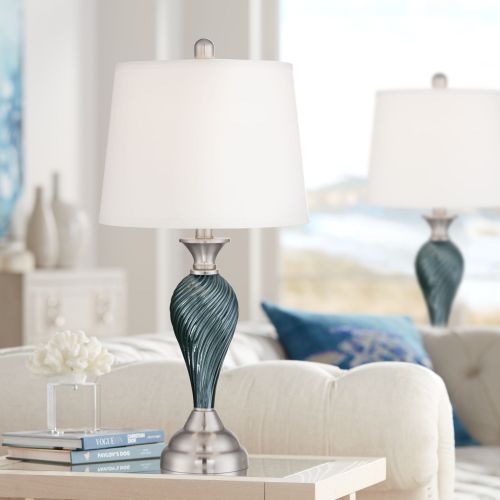  Regency Hill Modern Table Lamps Set of 2 Green Blue Glass Twist Column Steel Base Empire Shade for Living Room Family Bedroom