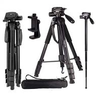 Regetek 73 Camera Tripod Travel Monopod (Aluminum Professional Video Camera Mount) Adjustable Stand with Flexible Head for Canon Nikon DV DSLR Camcorder Webcam Gopro cam& Carry Bag