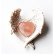 /ReijuUK Genuine Rose Quartz Heart Crystal Stone in Ceramic White Wings Angel Dish Gift